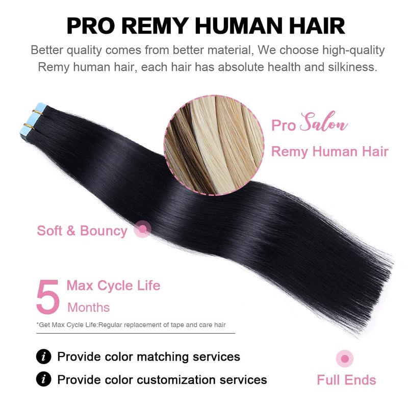 SUYYA Tape in Hair Extensions Jet Black 100% Remy Human 20 inches 20pcs 50g/pack Straight Seamless Skin Weft Hair(20 #1 Black) - Image 4
